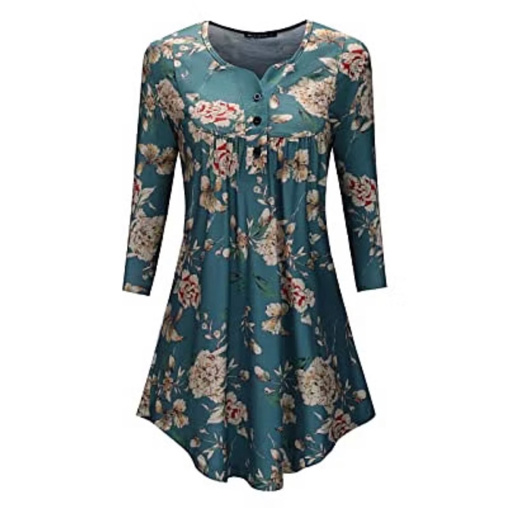 Acloth womens teal pink floral tunic top pleated long 3.4th sleeve size large